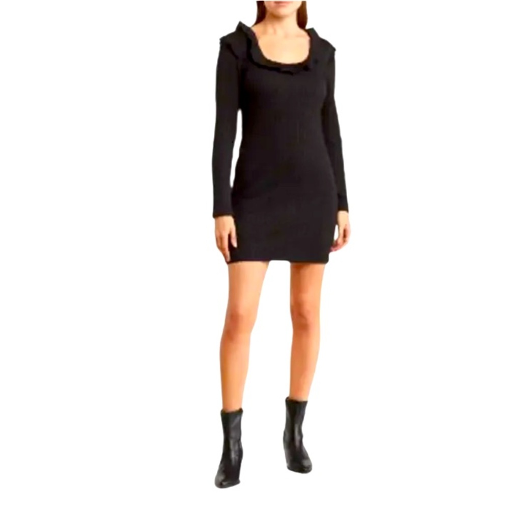 NEW Nordstrom 19 Cooper Women's Black Ruffle Long Sleeve Knit Mini Sweater Dress